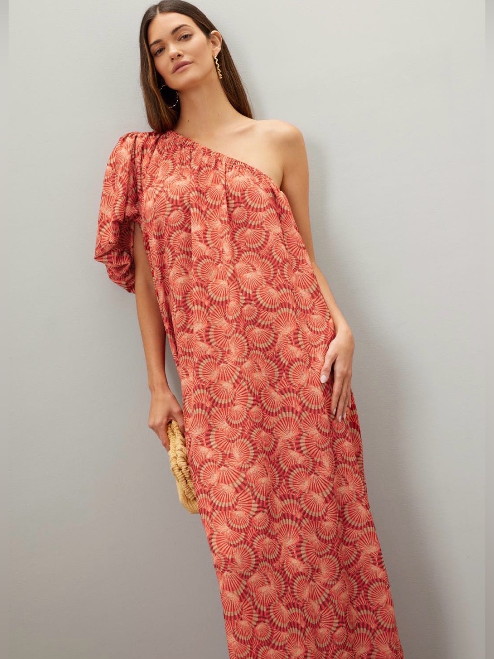 Loborosa Valeria One-Shoulder Maxi Dress | Coral Fan Print | Resort Wear
